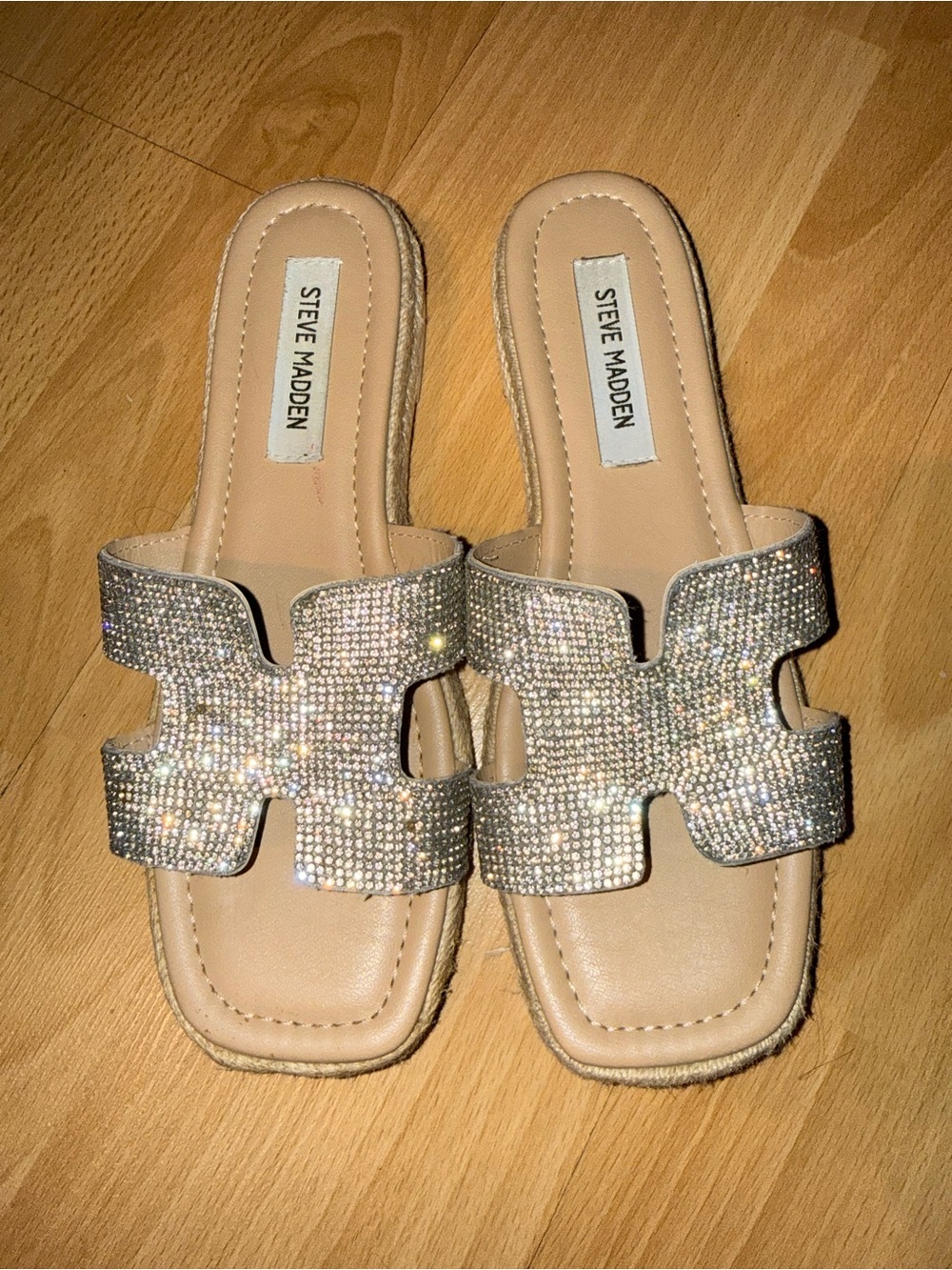 Steve Madden Sparkle Embellished Slide Sandals in Nude/Silver